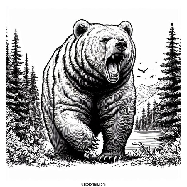 Realistic Roaring Bear Coloring Page