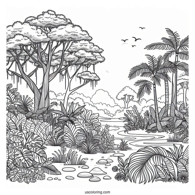 Jungle Coloring Page Of Trees And Vegetation