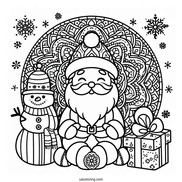 Santa Claus With Snowman And Christmas Mandala Coloring Page