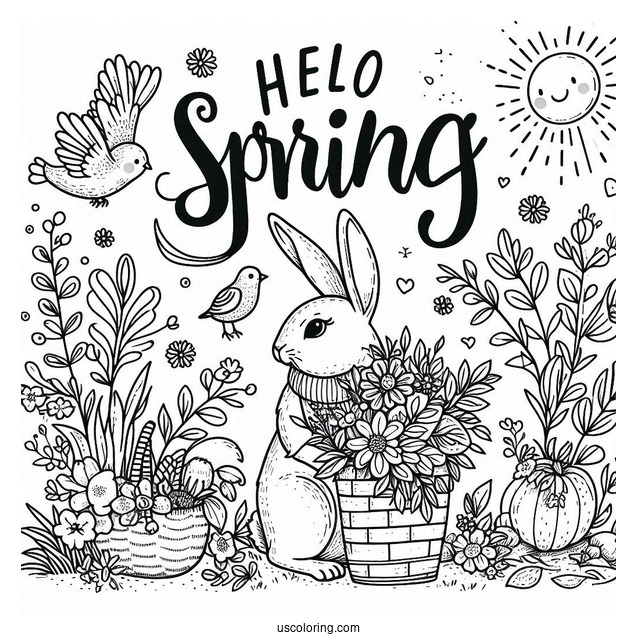 Hello Spring Words Above Rabbit And Bird In Spring Coloring Page