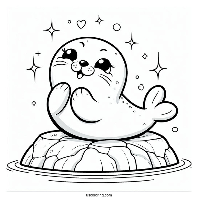 Happy Seal Coloring Page On A Rock For Kids