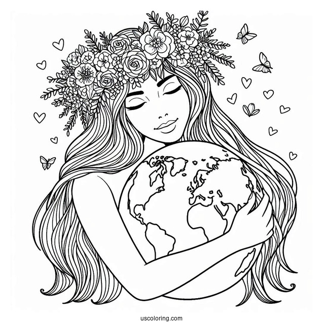 Woman With Flower Crown Hugging Earth Coloring Sheet