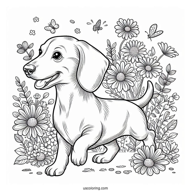 Dachshund Coloring Page Running In Flower Garrden