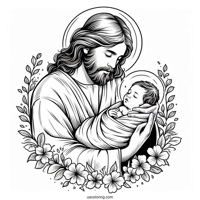 Jesus Coloring Page Cradling A Newborn Baby For Kids