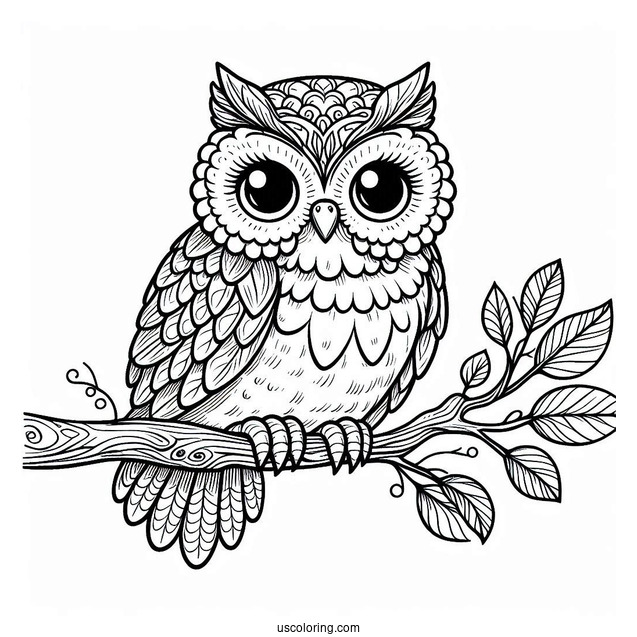 Owl Sitting On Branch With Big Eyes