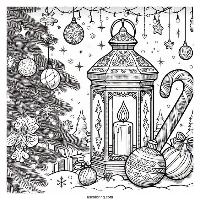 Christmas Coloring Pages For Adults Of Christmas Lantern With Candy Canes In Background