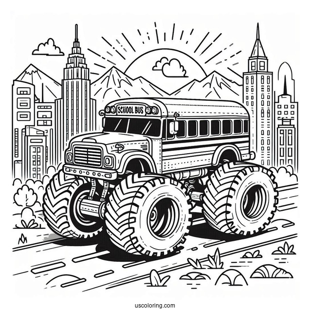 Monster Truck School Bus Coloring Page In The Air