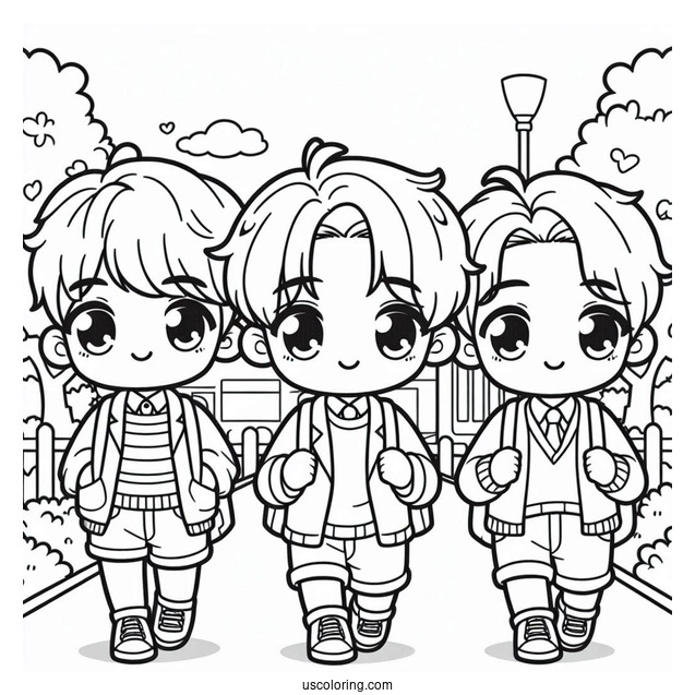 Cute Coloring Page Chibi Boys Walking In The Park For Kids
