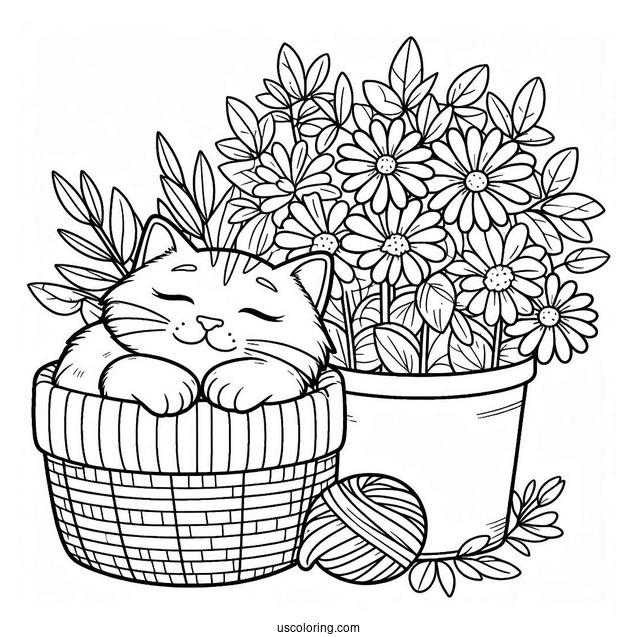 Cat Sleeping Inside Flower Pot Coloring Page