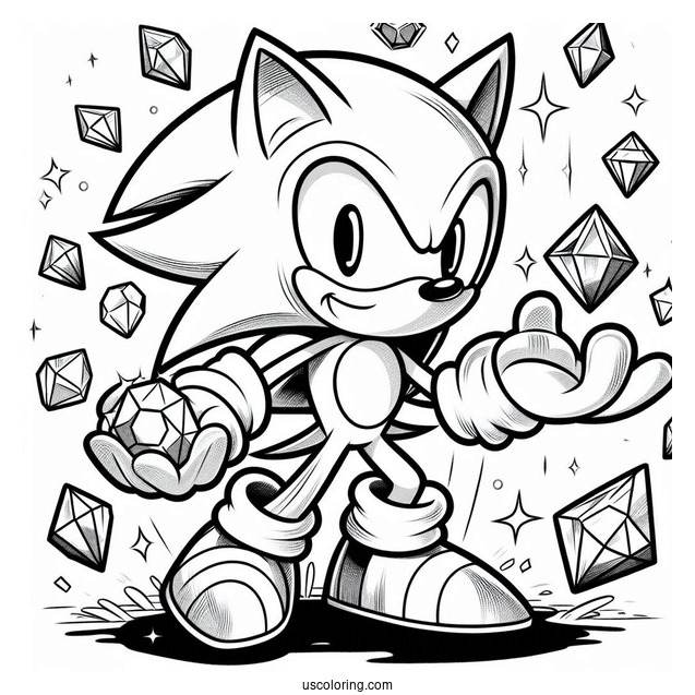 Super Sonic Coloring Page With Sonic Holding Chaos Emeralds
