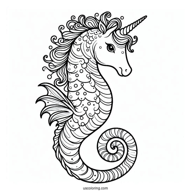 Coloring Page Of a Unicorn Seahorse