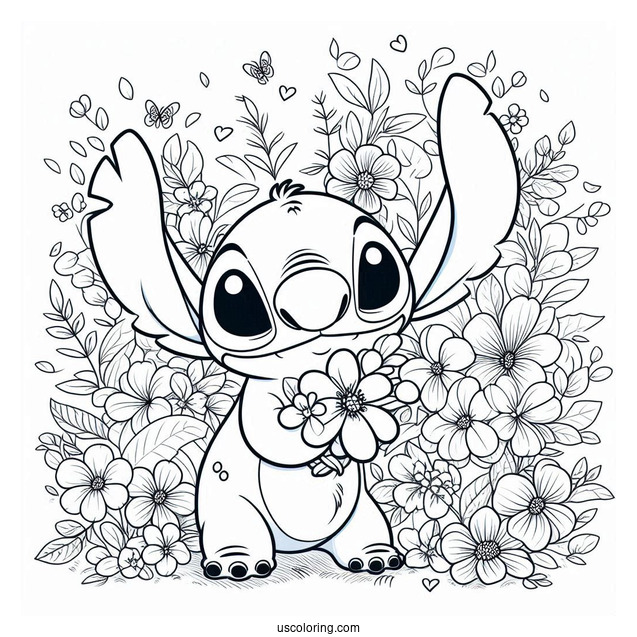 Stitch Smiling At Flowers In Spring Coloring Page