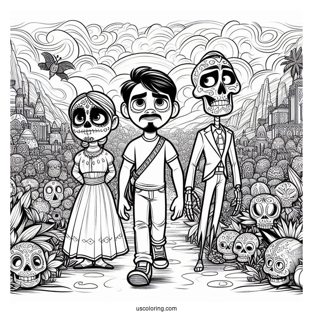 Pixar Coloring Page of Hector, Coco, And Dante In The Land Of The Dead