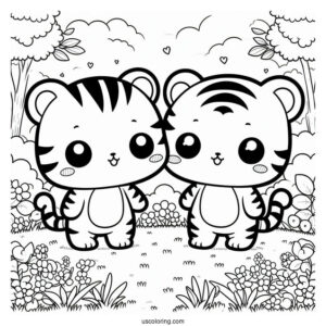 Two Cute Kawaii Tigers Standing On Grass