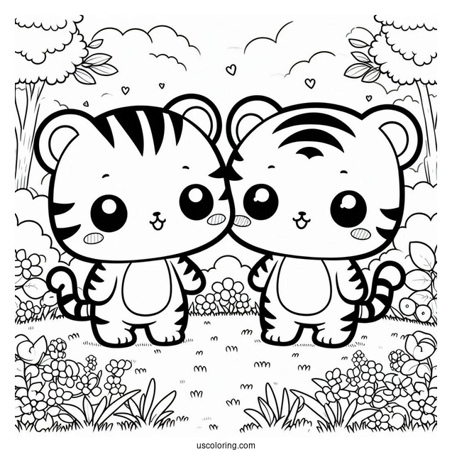 Two Cute Kawaii Tigers Standing On Grass