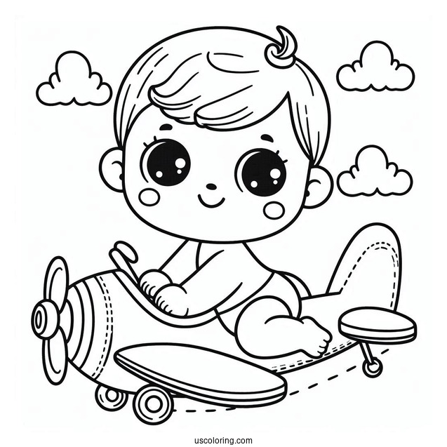 Baby Coloring Page In A Toy Airplane For Kids