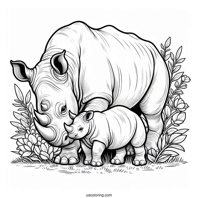 Coloring Page Of New Born Rhino And Mother