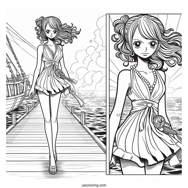 One Piece Coloring Page Of Nami Standing On Deck