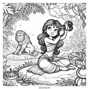 Jungle Book Coloring Page Of Shanti Fixing Her Hair While Sitting On Rock