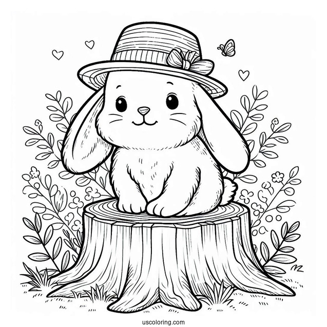 Rabbit Coloring Page With A Hat Sitting On A Tree Stump
