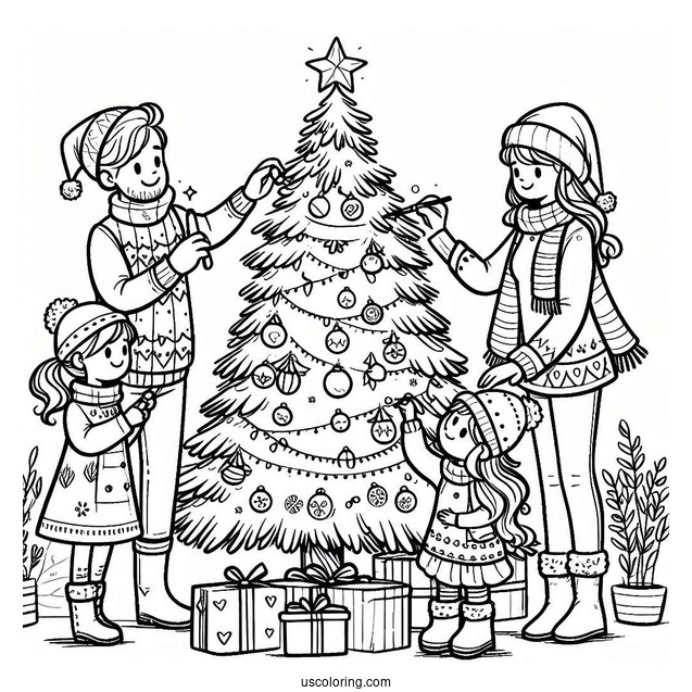 Family Decorating a Christmas Tree