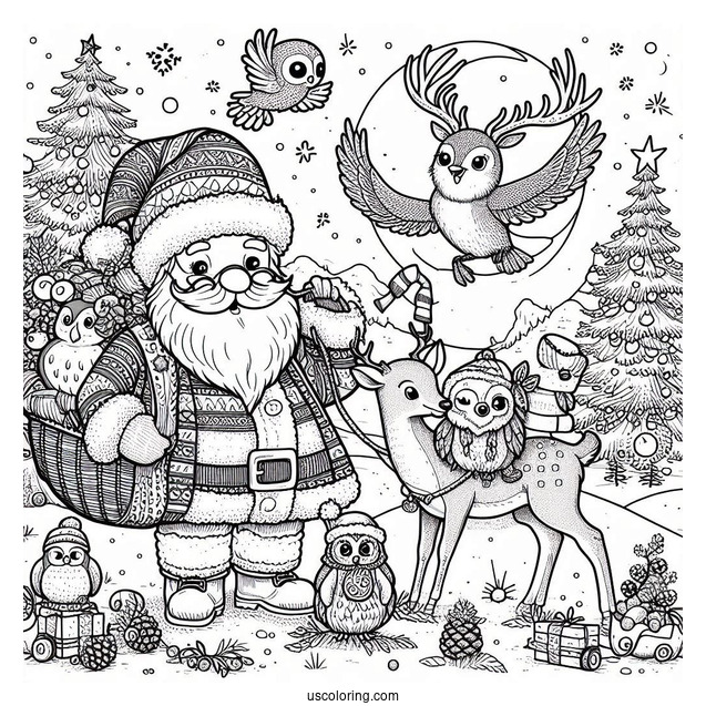 Christmas Coloring Pages For Adults Of Santa Claus Outdoors With Owls, Deer, Birds, And Squirrels