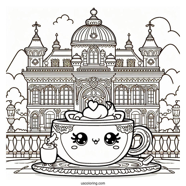 Palace Pets Coloring Page Of Kawaii Teacup In Front Of Palace For Kids