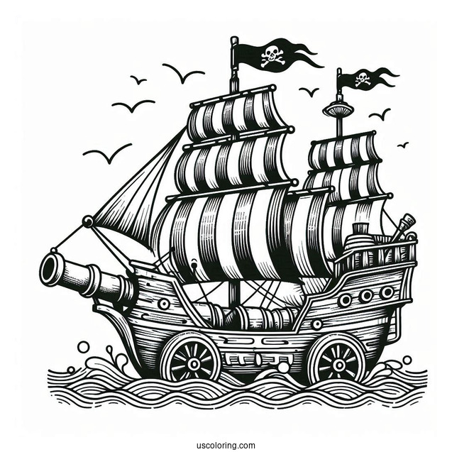 Wooden Pirate Ship With Canon To Color