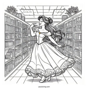 Coloring Page Of Belle Dancing In Book Store