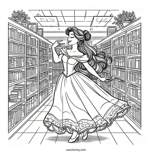 Coloring Page Of Belle Dancing In Book Store