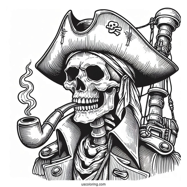 Pirate Coloring Page Skeleton With Hat, Cloak, And Pipe