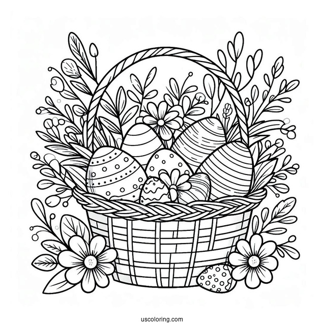 Easter Coloring Page Of Floral Happy Easter Basket With Eggs