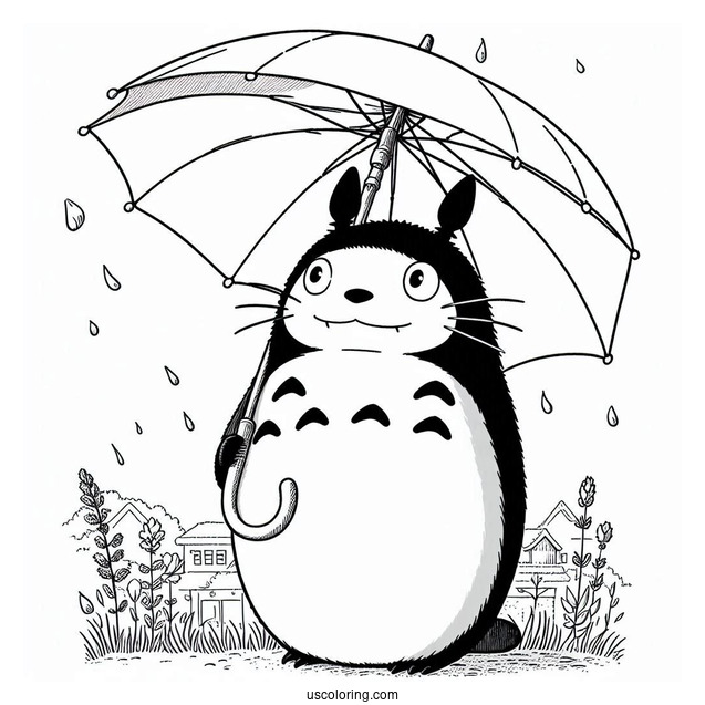Studio Ghibli Coloring Page of My Neighbor Totoro Holding Umbrella For Kids