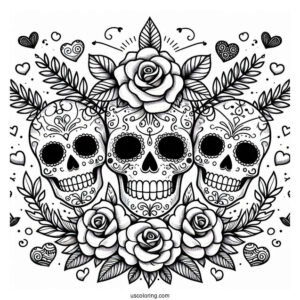 Sugar Skulls Coloring Page With Laurel Leaves And Roses