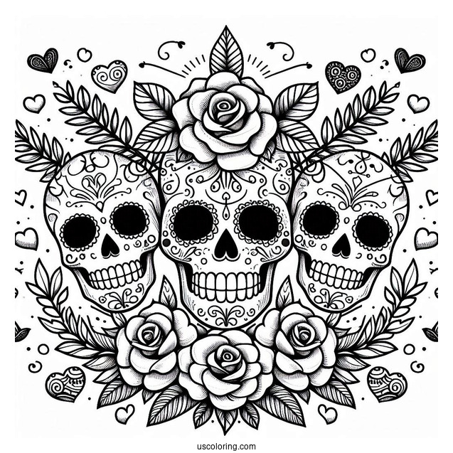 Sugar Skulls Coloring Page With Laurel Leaves And Roses