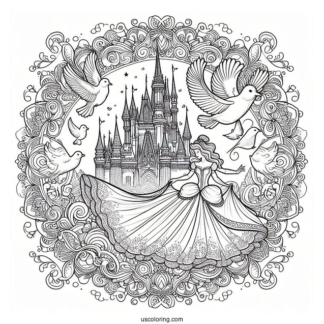 Fantastical Cinderella Mandala With A Castle And Doves