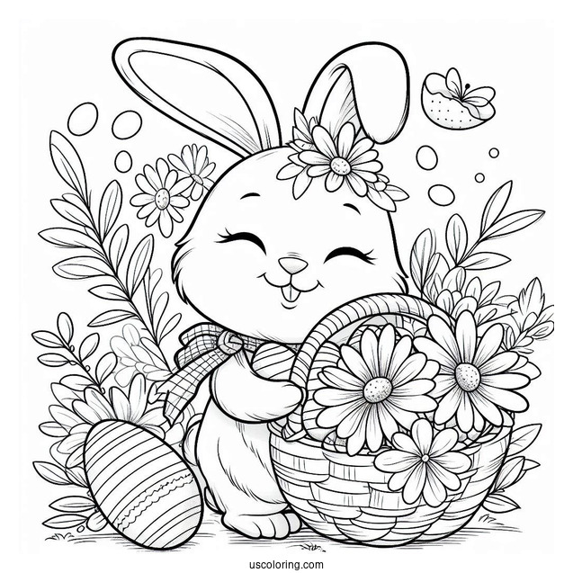 Smiling Bunny Holding A Basket Of Easter Coloring Page Of Eggs For Kids