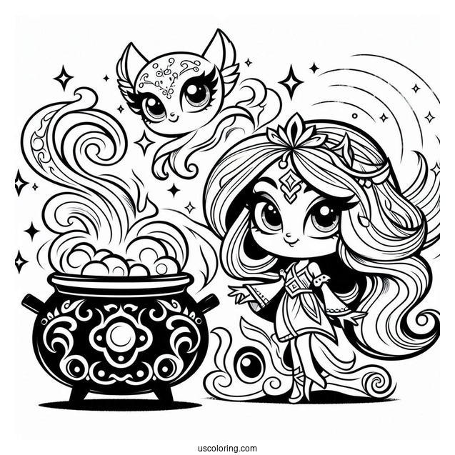 Shimmer And Shine Coloring Page With Smoking Cauldron At The Back With Zeta And Nazboo