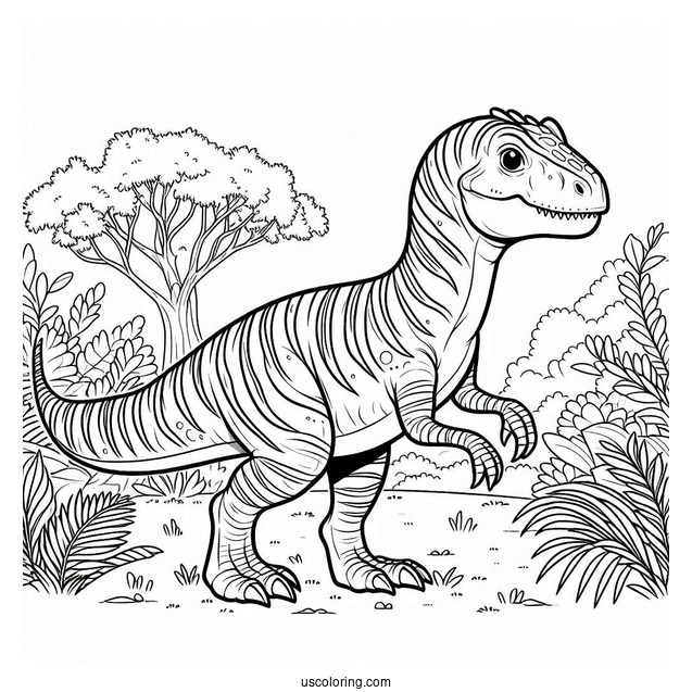 Dinosaur Coloring Page Of Striped Tarbosaurus In Nature