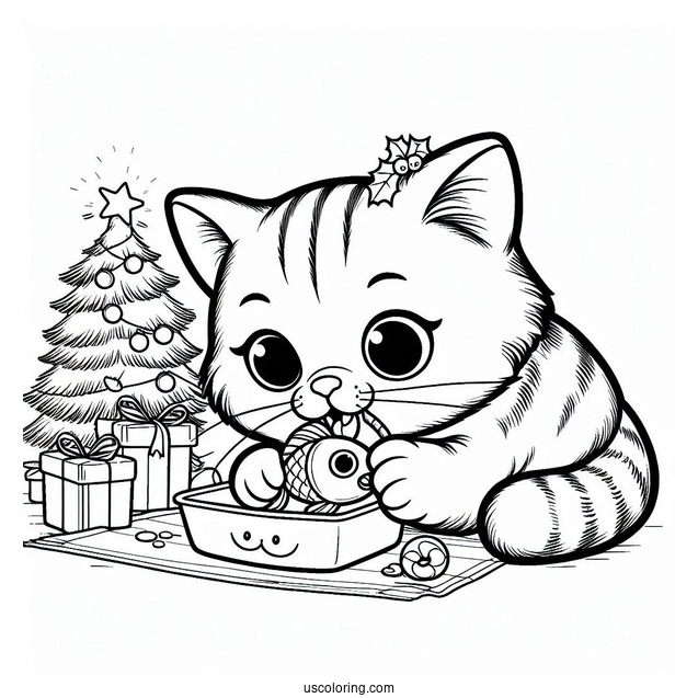 Cat Eating Fish Treat On Christmas Day Coloring Page