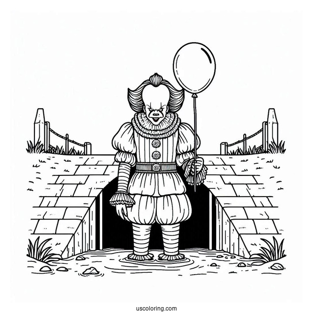 Terrifying Pennywise Coloring Page Holding A Balloon In Front Of A Sewer