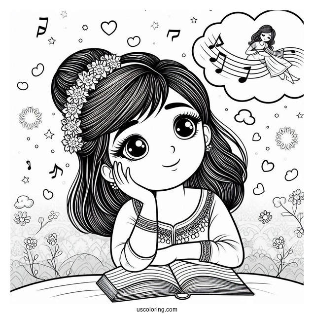 Sing Coloring Page Of Meena Daydreaming While Listening To Music