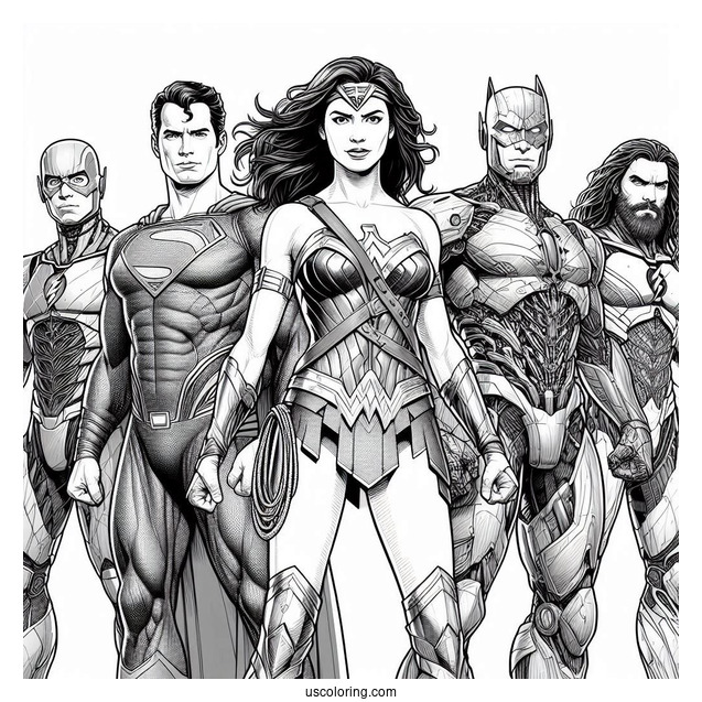 Justice League Coloring Page Of Realistic Superman, Cyborg, Wonder Woman, Aquaman, Flash, And Batman