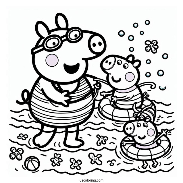 Swimming Coloring Page Of Mummy Pig Teaching George Pig And Peppa Pig To Swim