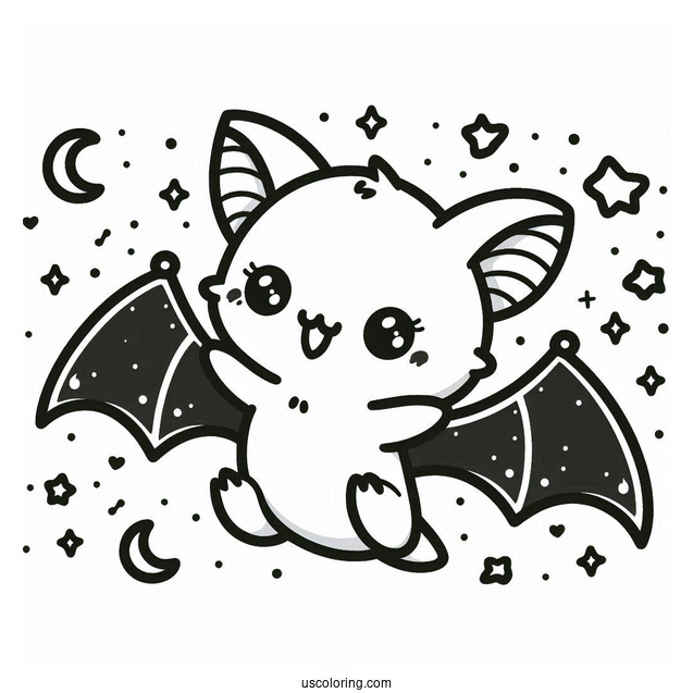 Kawaii Bat Coloring Page Flying For Preschoolers