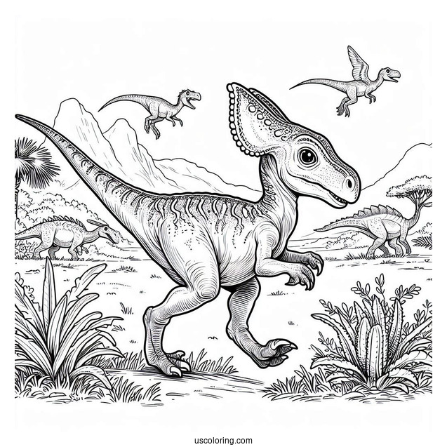Young Parasaurolophus Coloring Page Running With Other Dinosaurs