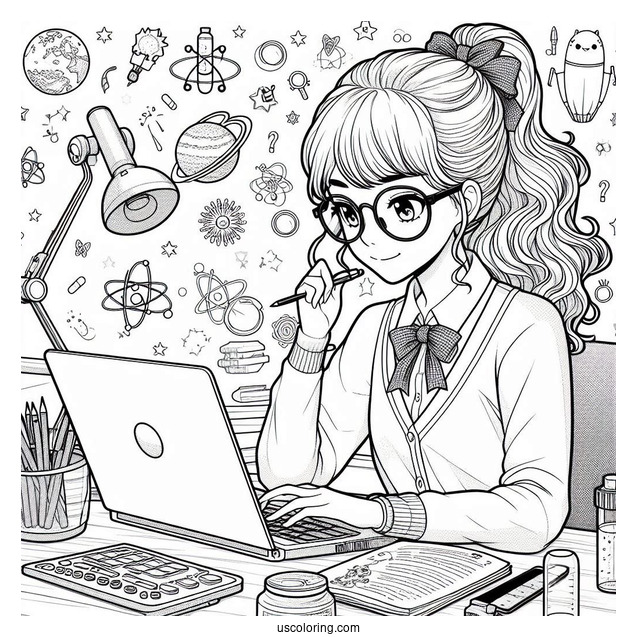 Nerdy Girl Studying Science Coloring Page On Her Laptop For Kids