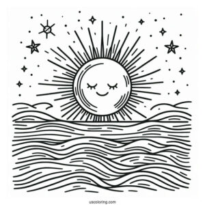 Sun Rising Over The Horizon Coloring Sheet For Kids