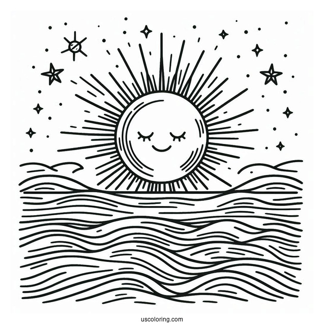 Sun Rising Over The Horizon Coloring Sheet For Kids