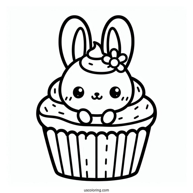 Cute Kawaii Cupcake With Bunny To Color